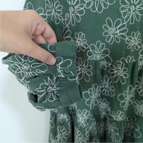 Zara Diana Floral Embroidered Tiered Mini Dress Linen Long Sleeve Green L - Picture 6 of 12